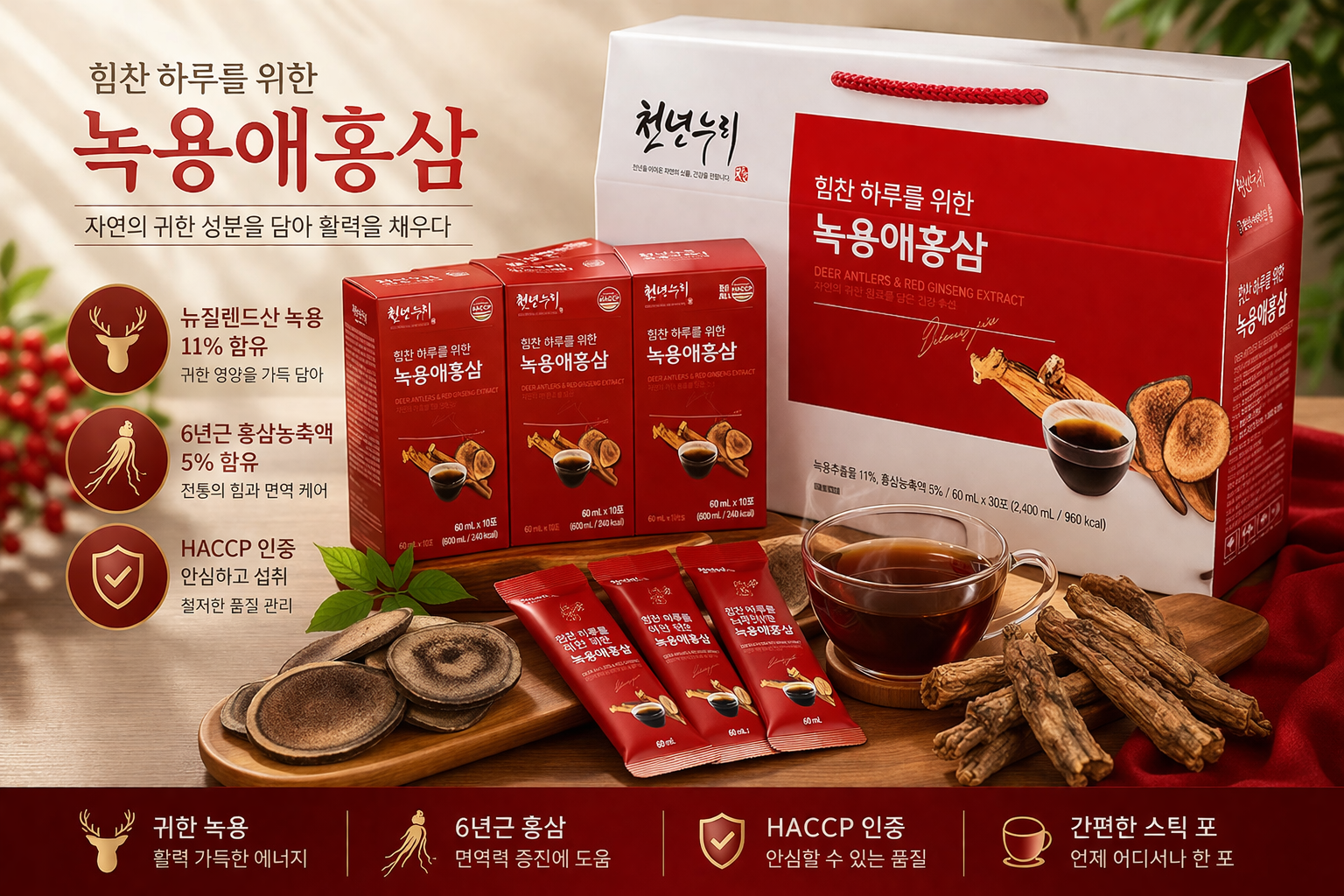 남영제약  녹용애홍삼 구한 원료 녹용과 활력의 홍삼을 배합하여 만들었습니다.